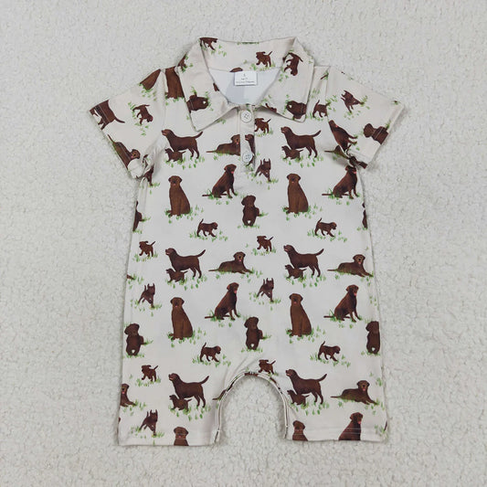 Baby Boys Short Sleeves Button Dogs Plaid Shorts Rompers