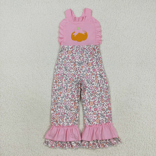 SR3176 Pumpkin Embroidery Flowers Pink Baby Girls Fall Strap Jumpsuits