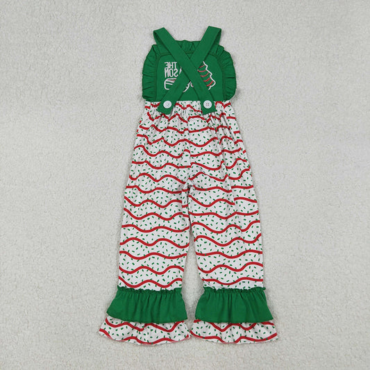SR3178 TIS THE SEASON Debbie Cake Embroidery Sprinkles Print Girls Christmas Ruffle Strap Jumpsuits
