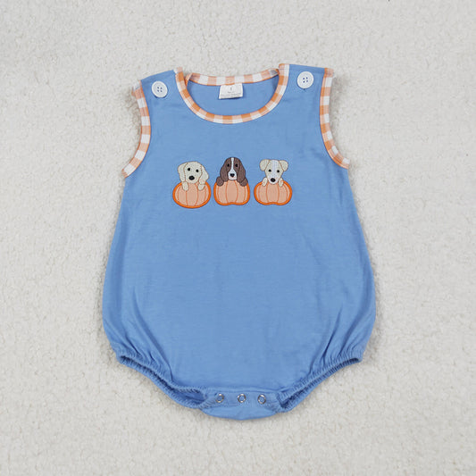 SR3190 Dog Pumpkin Embroidery Blue Baby Boys Sleeveless Romper