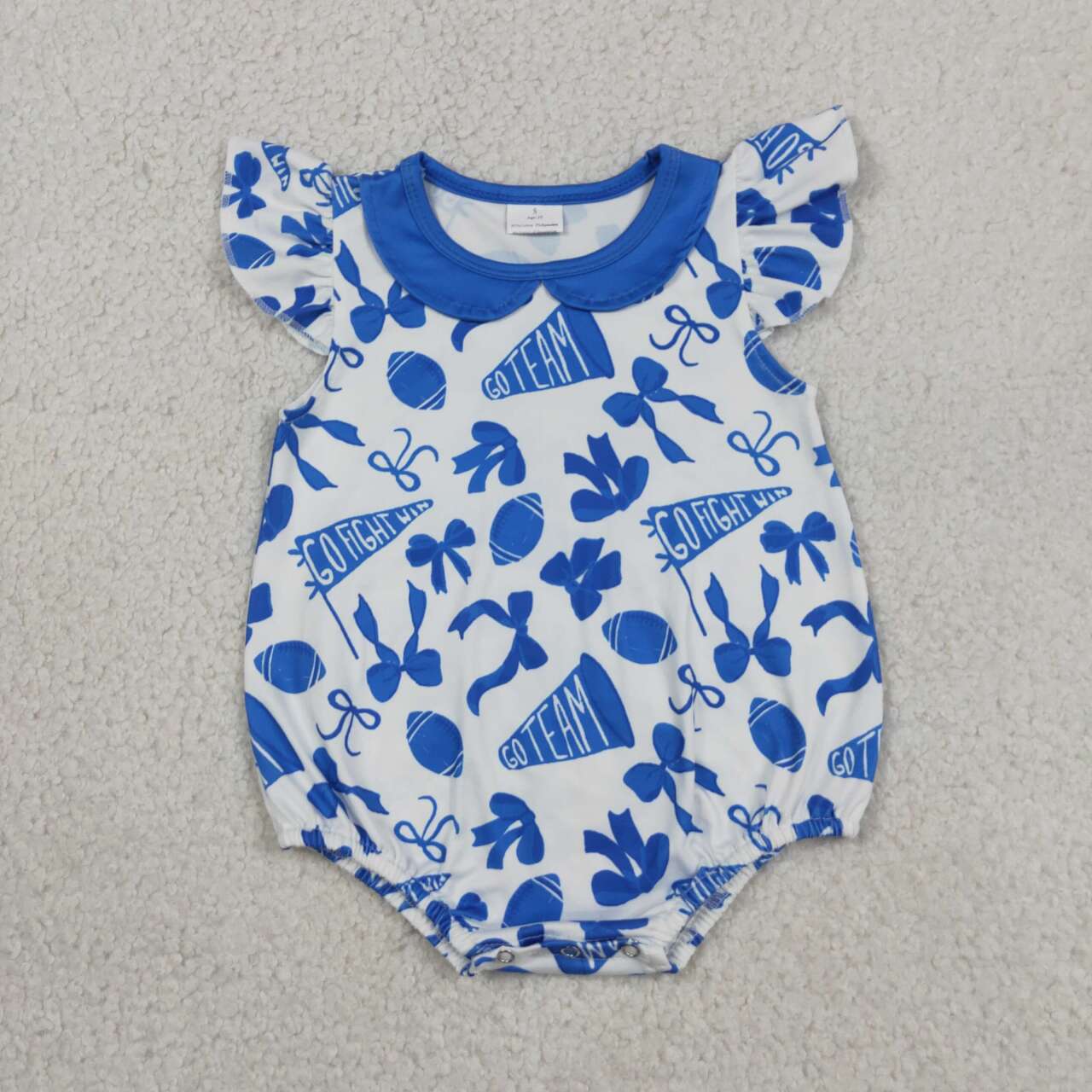SR3192 Go Team Bows Cheer Blue Print Baby Girls Doll Collar Romper