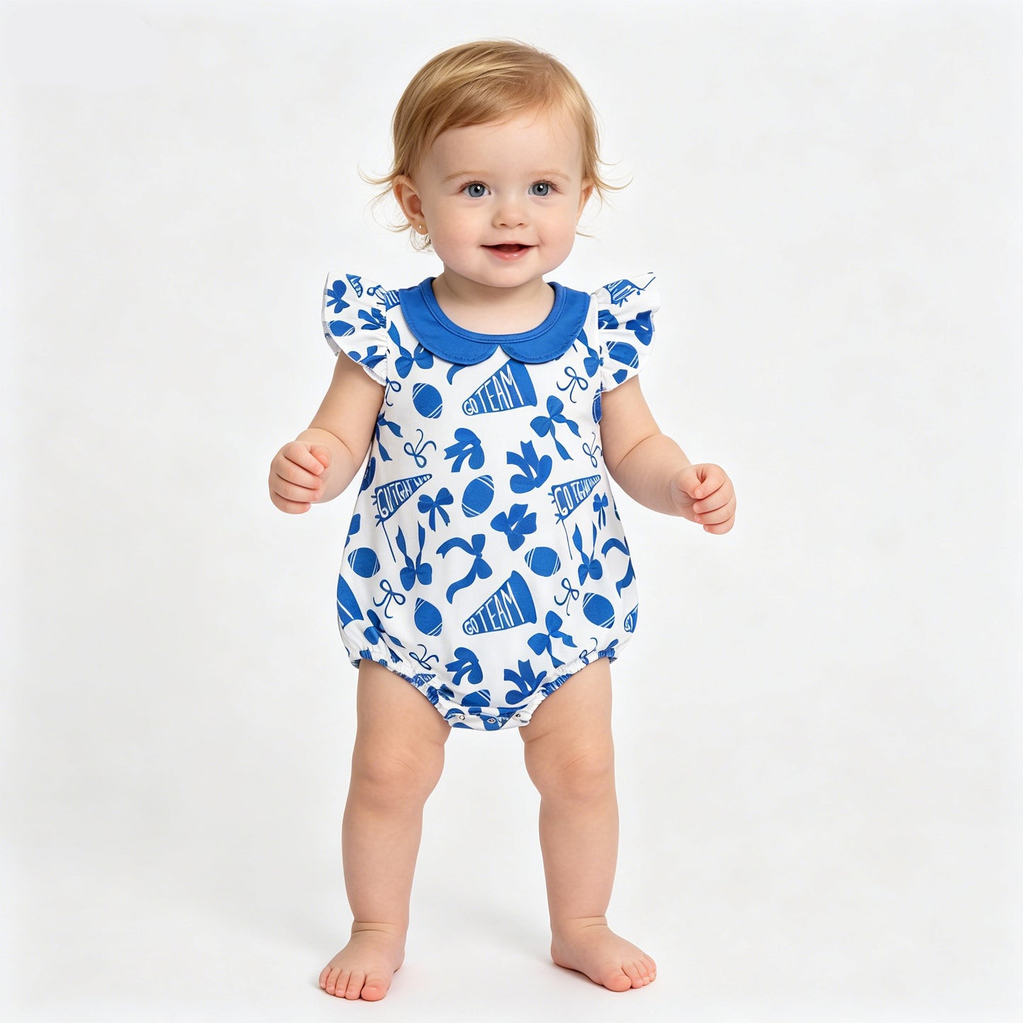 SR3192 Go Team Bows Cheer Blue Print Baby Girls Doll Collar Romper
