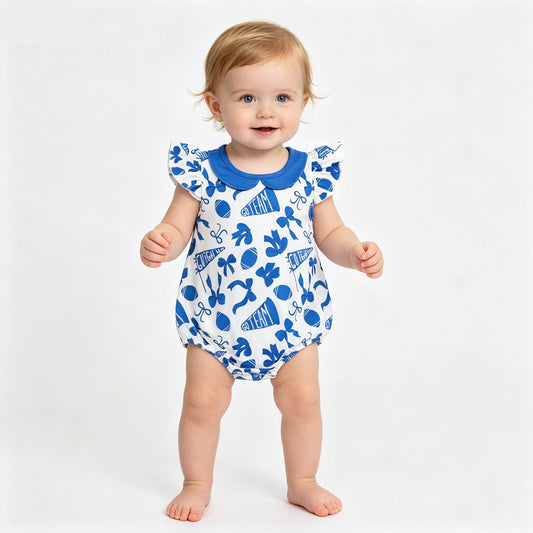 SR3192 Go Team Bows Cheer Blue Print Baby Girls Doll Collar Romper