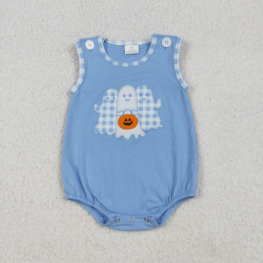 SR3197 Ghost Pumpkin Embroidery Blue Baby Boys Halloween Romper