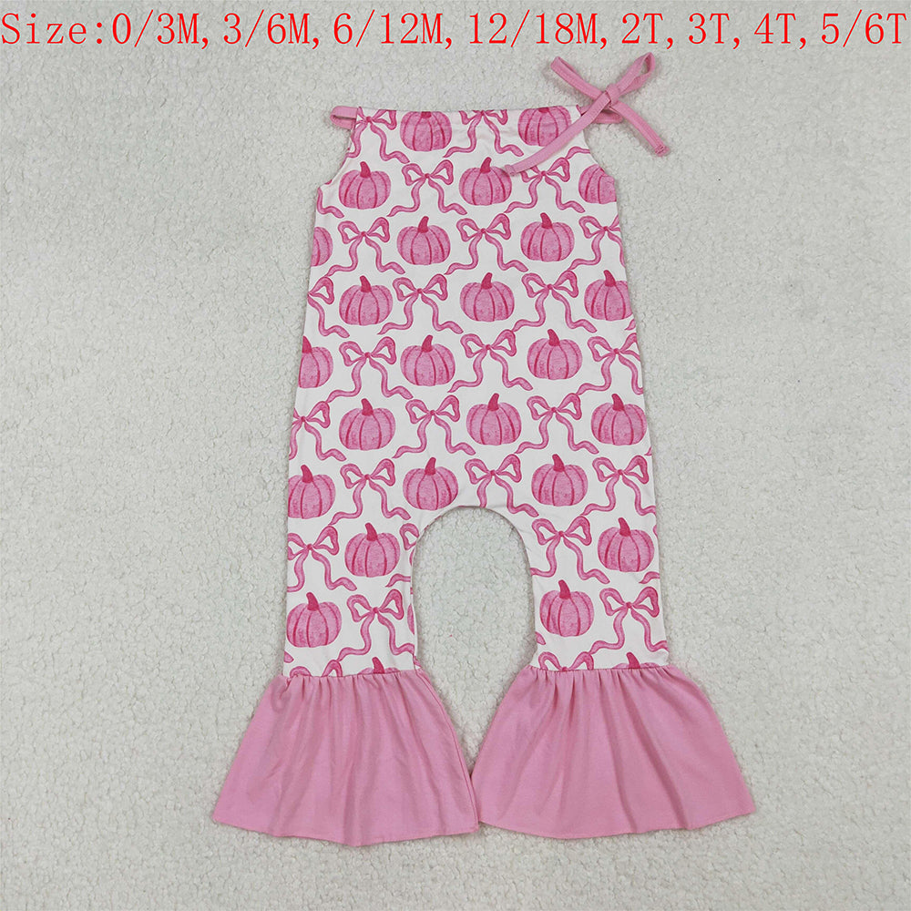 SR3200 Pumpkin Bows Pink Print Baby Girls Fall Halter Jumpsuits