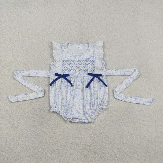 SR3219 Embroidery Bunny Flowers Blue Print Baby Girls Easter Ruffle Belt Romper