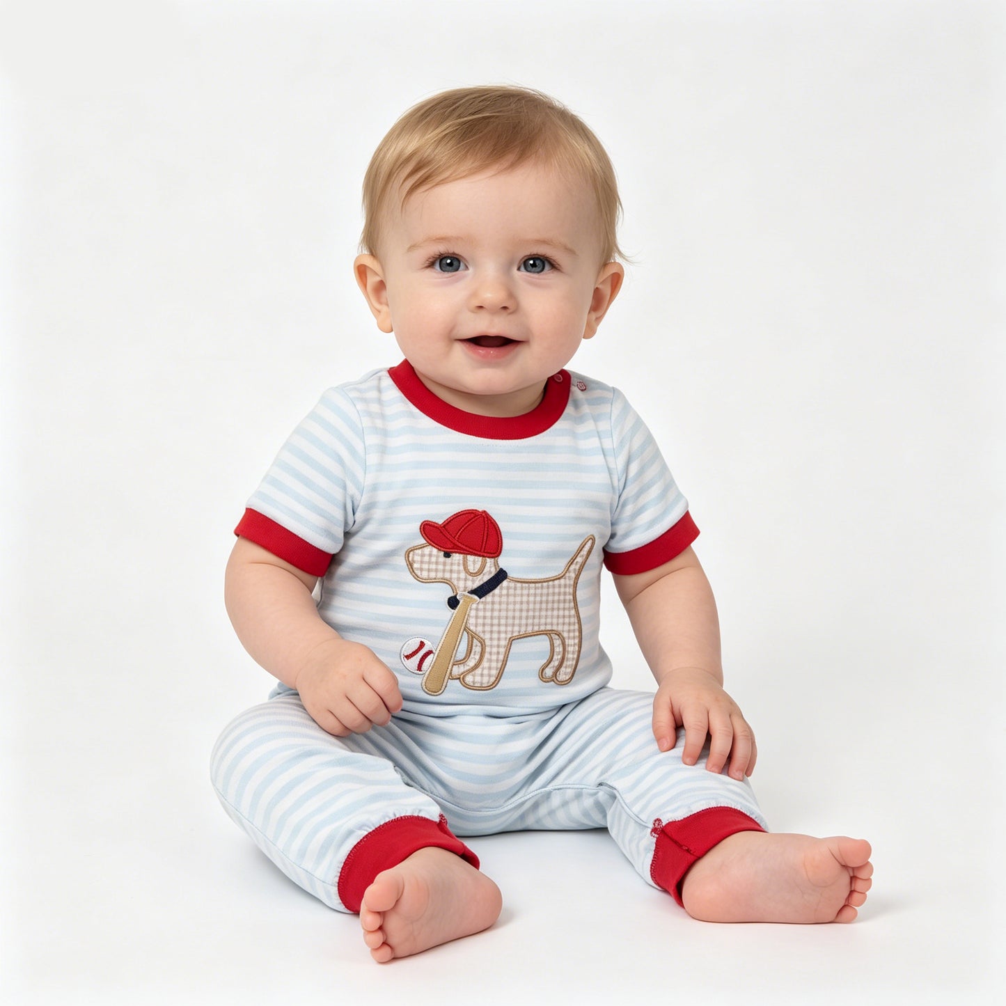 USA Shop Embroidery Dog Baseballs Baby Boys Stripe Team Romper