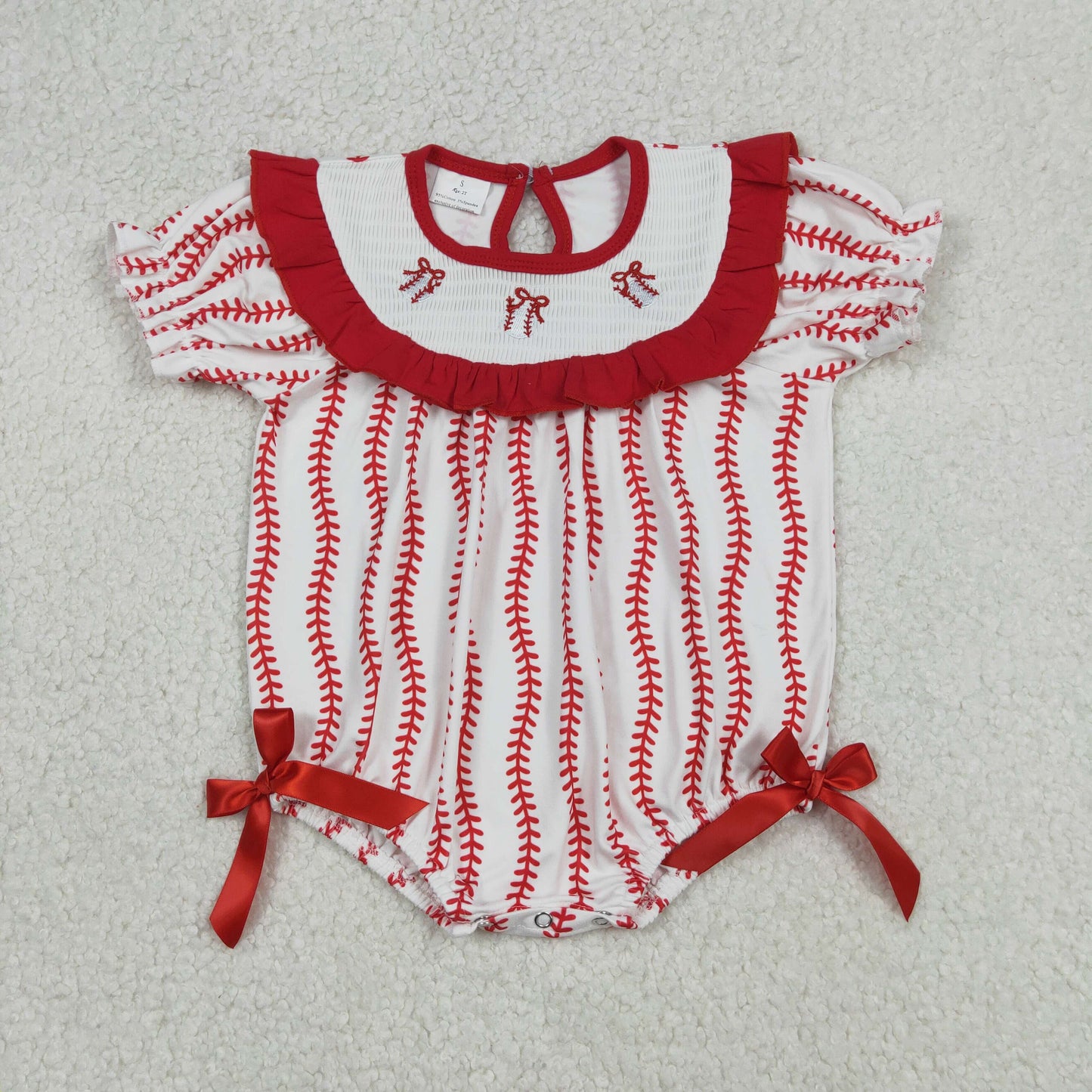 Smocked Baseballs Bows Baby Girls Red Stripe Team Ruffle Rompers