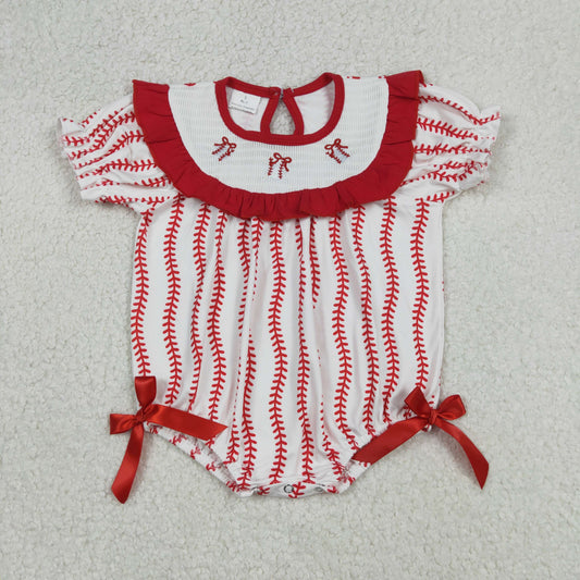 Smocked Baseballs Bows Baby Girls Red Stripe Team Ruffle Rompers