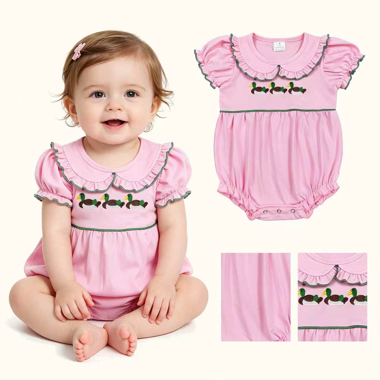 SR3532 Duck Embroidery Pink Cotton Baby Girls Summer Doll Collar Romper