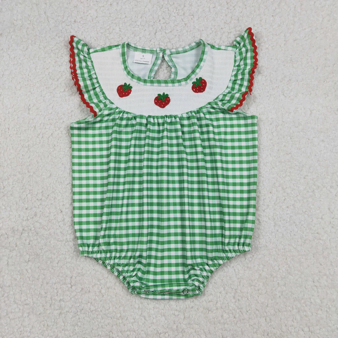 Smocked Strawberry Baby Girls Green Checked Ruffle Rompers