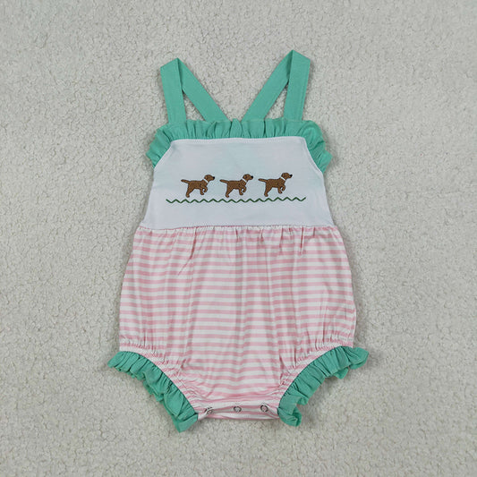 SR3558 Puppy Embroidery Stripes Print Baby Girls Summer Strap Romper