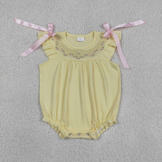 SR3561 Flowers Embroidery Flutter Sleeve Bows Baby Girls Cotton Romper