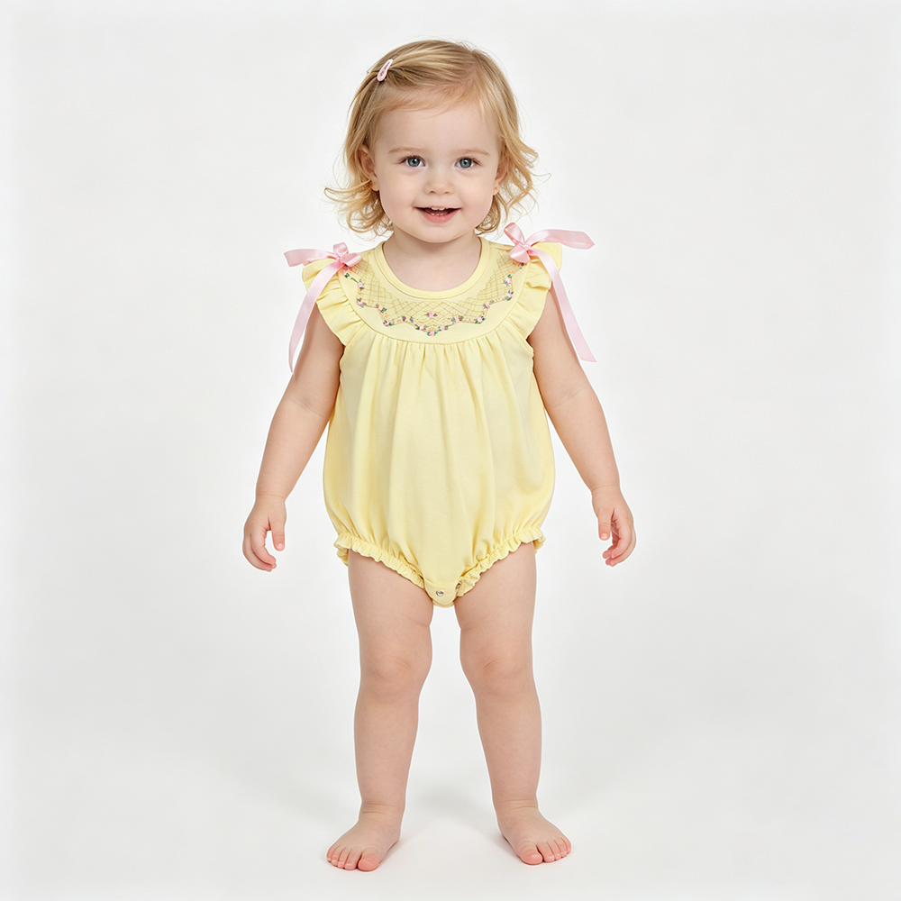 SR3561 Flowers Embroidery Flutter Sleeve Bows Baby Girls Cotton Romper