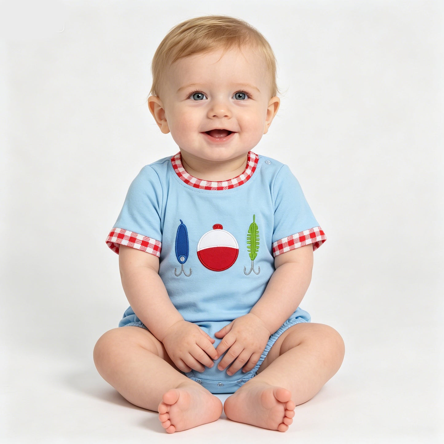 Toddler Boys Light Blue Fishing Lure Embroidery Bubble Romper with Red Gingham Trim