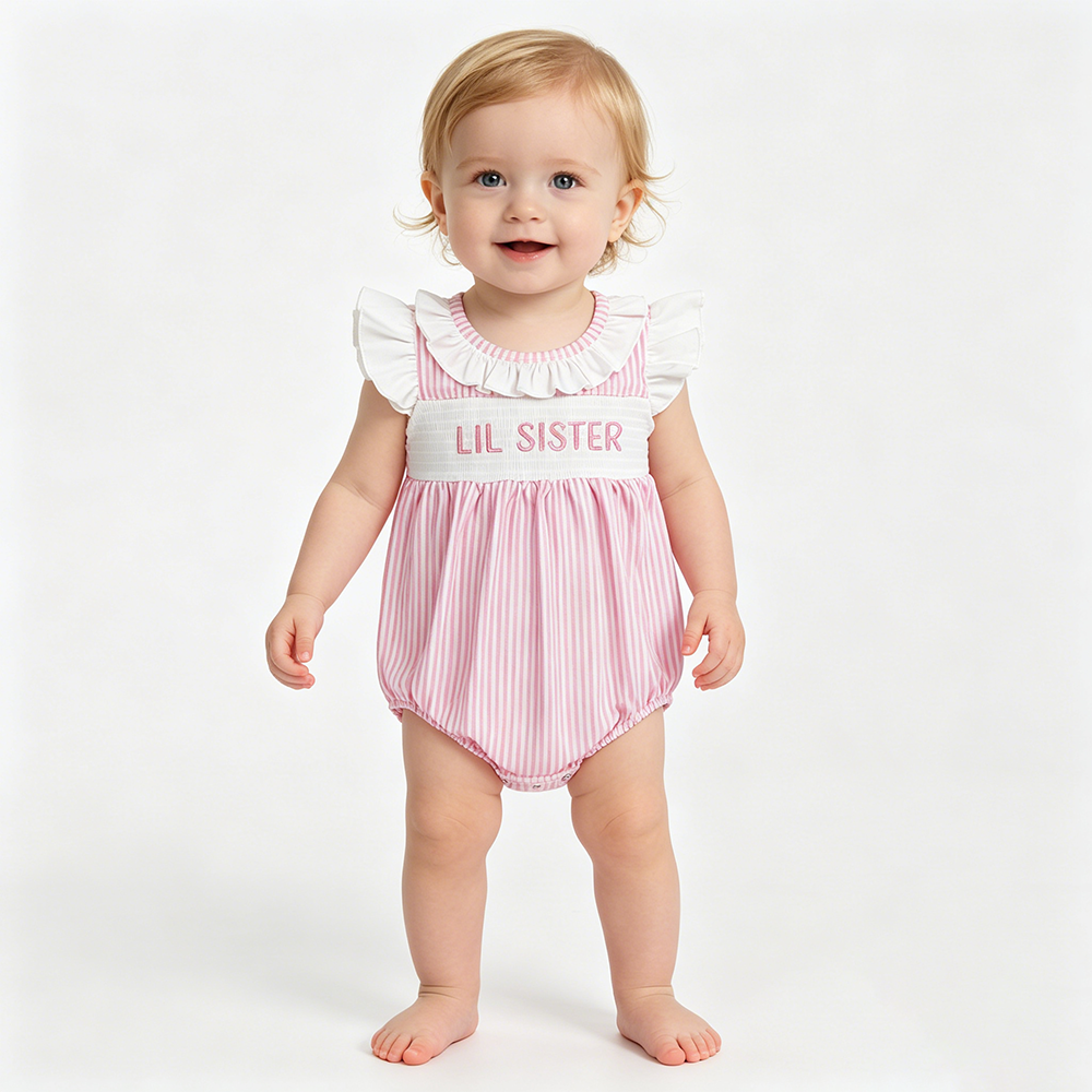 BIG & LIL SISTER Embroidery Baby Girls Pink Stripe Smocked Dress & Romper Sisters Wear