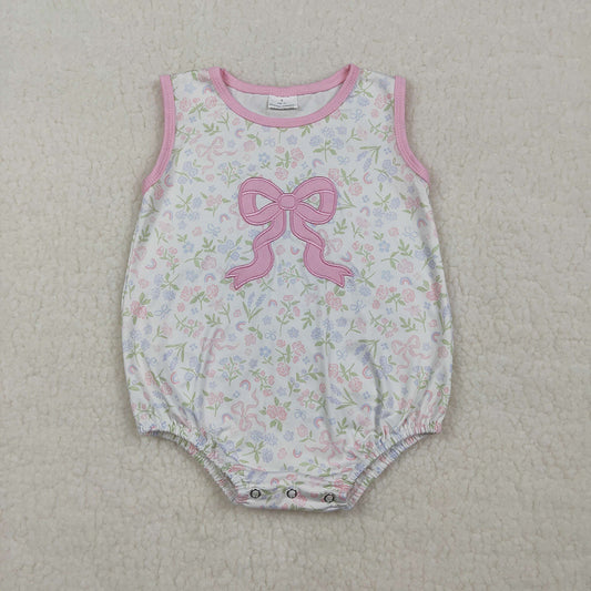 SR3727 Pink Floral Sleeveless Romper with Bow Embroidery - Girls