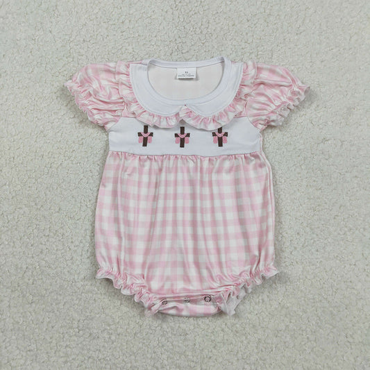 SR3756 Cross Embroidery Pink Plaid Print Baby Girls Easter Doll Collar Romper