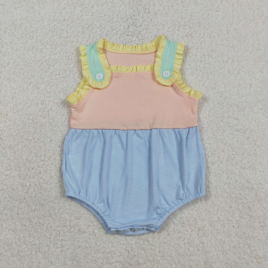 SR3772 Pink Blue Cotton Baby Girls Sleeveless Ruffle Summer Romper