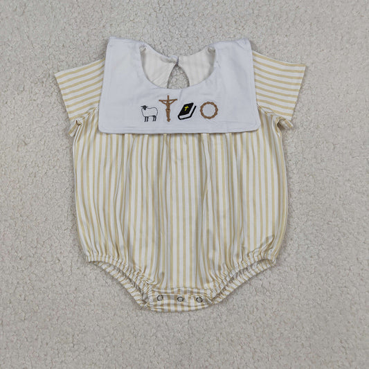 SR3802 Cross Embroidery Stripes Print Baby Short Sleeve Romper