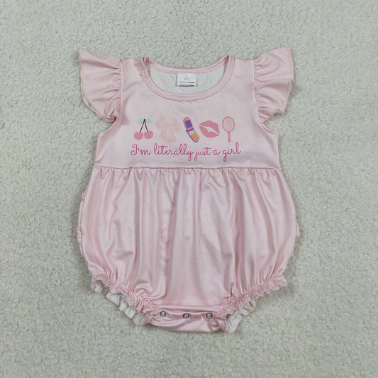 SR3825 Cherry Bows I'm Just a Girl Pink Print Baby Girls Flutter Sleeve Ruffles Summer Romper
