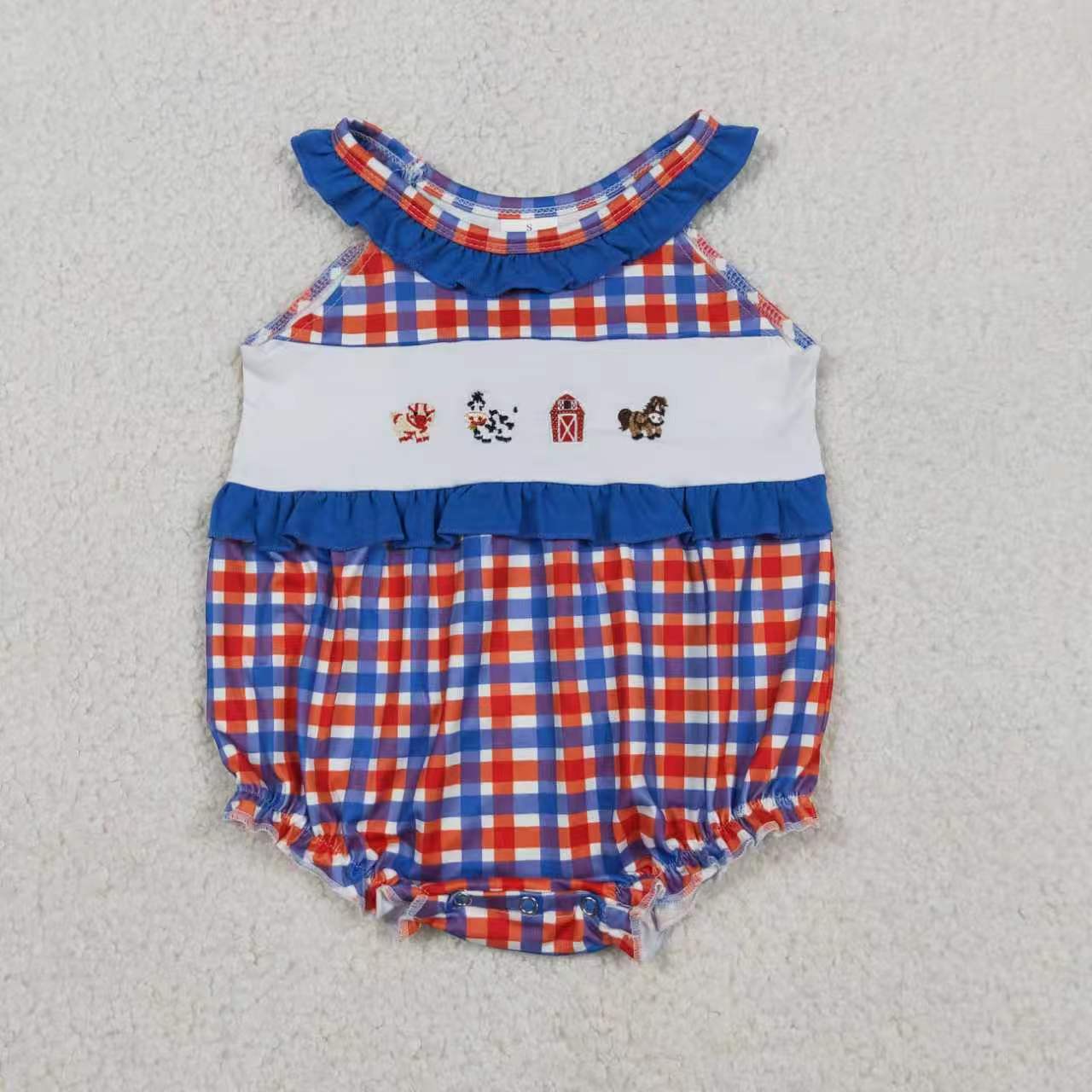Sibling Baby Girls Farm Embroidery Animal Shorts Outfit Bubble Romper