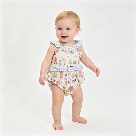 SR3852 Farm Animals Print Baby Girls Summer Romper