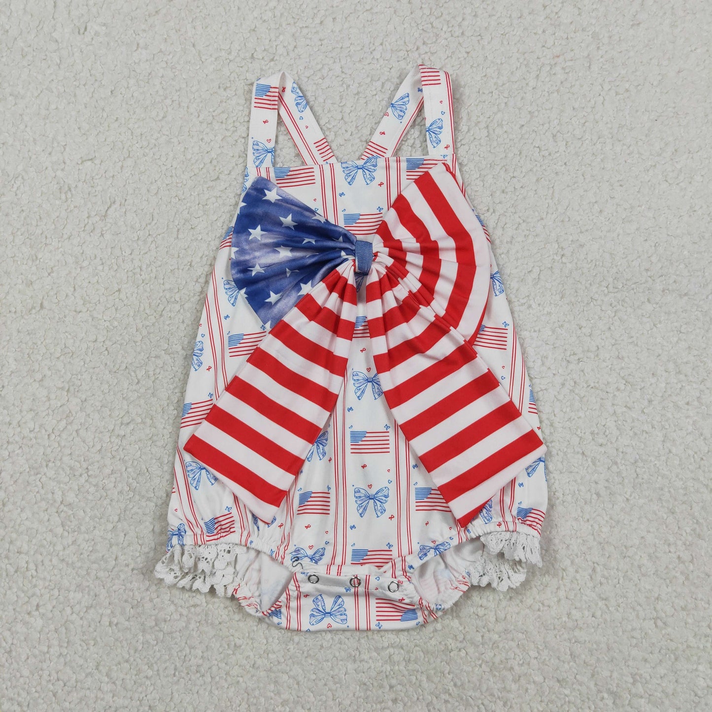 SR3862 Baby Girls 4th of July Bubble Strap Romper With Bow