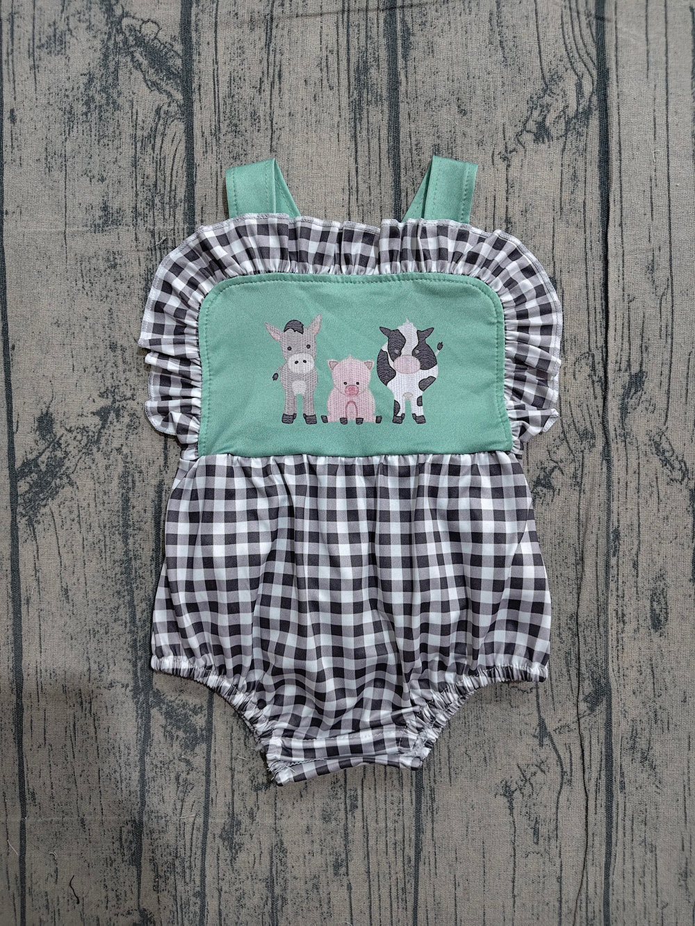 SR3866  Preorder Farm Animals Plaid Print Baby Girls Backless Strap Romper