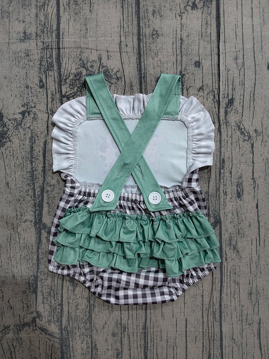 SR3866  Preorder Farm Animals Plaid Print Baby Girls Backless Strap Romper