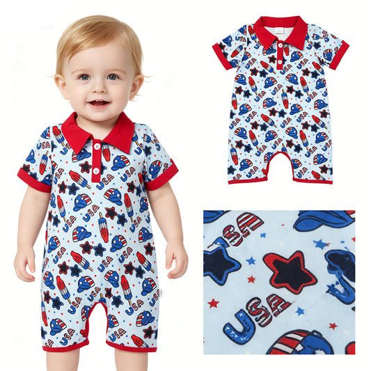 USA Hat Popsicle Stars Print Baby Boys 4th of July Polo Romper