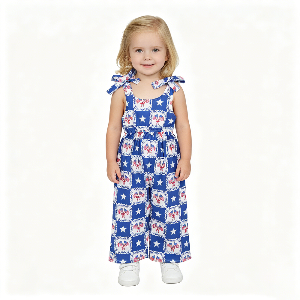 SR3875 Flag & Star Bow Blue Print Baby Girls 4th of July Strap Jumpsuits