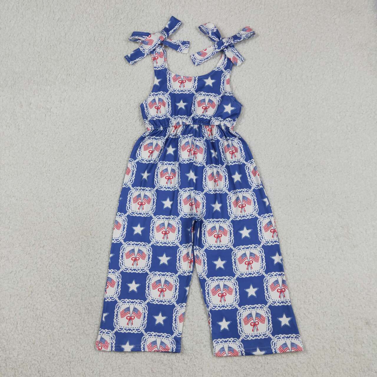 Flag & Star Bow Blue Print Baby Girls 4th of July Strap Jumpsuits Dress Sisters Wear