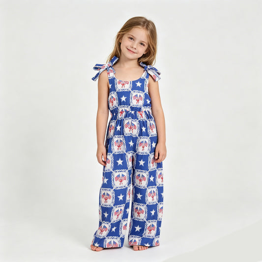 SR3875 Flag & Star Bow Blue Print Baby Girls 4th of July Strap Jumpsuits