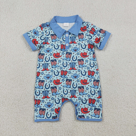 SR3884 Hat Boots Stars Print Baby Boys 4th of July Polo Romper