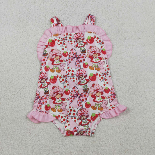 SR3885 Girls’ Strawberry Girl Bow Print Ruffle Backless Romper - Pink