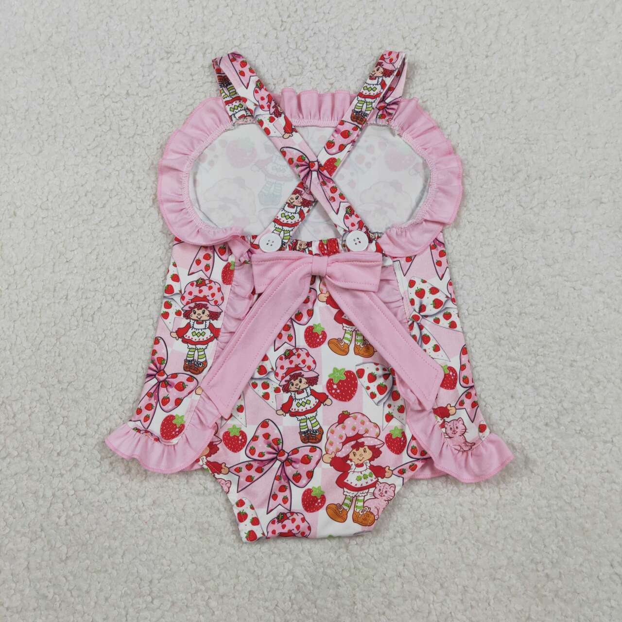 SR3885 Girls’ Strawberry Girl Bow Print Ruffle Backless Romper - Pink