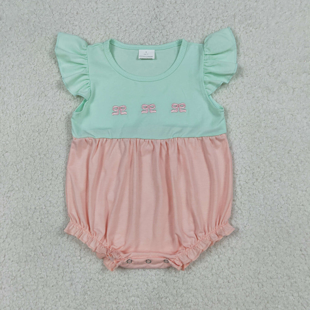 SR3895 Girls’ Pink & Green Bow Embroidery Flutter Sleeve Romper