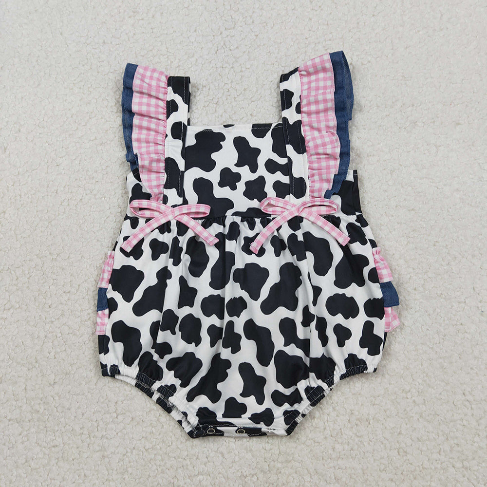 SR3898 Girls’ Pink Gingham Ruffle Cow Print Romper