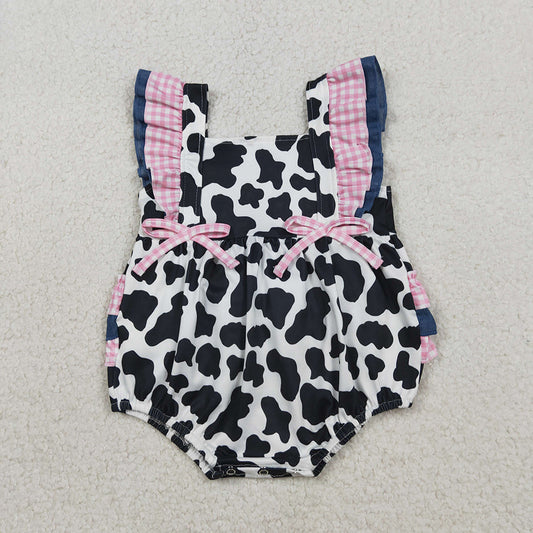 SR3898 Girls’ Pink Gingham Ruffle Cow Print Romper