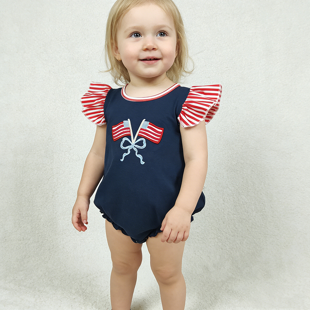 SR3903 Girls’ Stripe & Navy Flag Bow Embroidery Flutter Sleeve 4th of July Romper