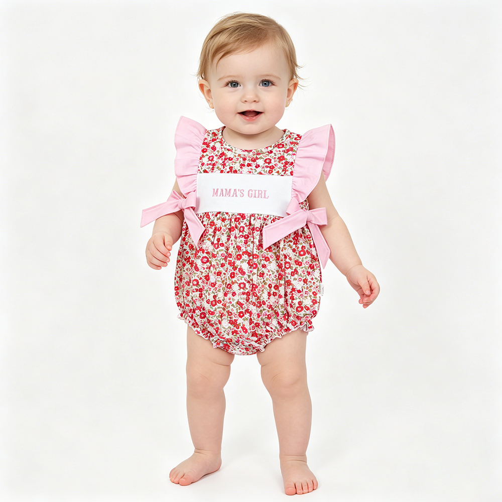 SR3939 Mama's Girl Embroidery Flutter Sleeve Flowers Bows Baby Girls Romper