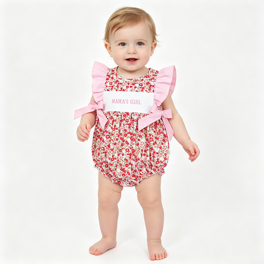 SR3939 Mama's Girl Embroidery Flutter Sleeve Flowers Bows Baby Girls Romper