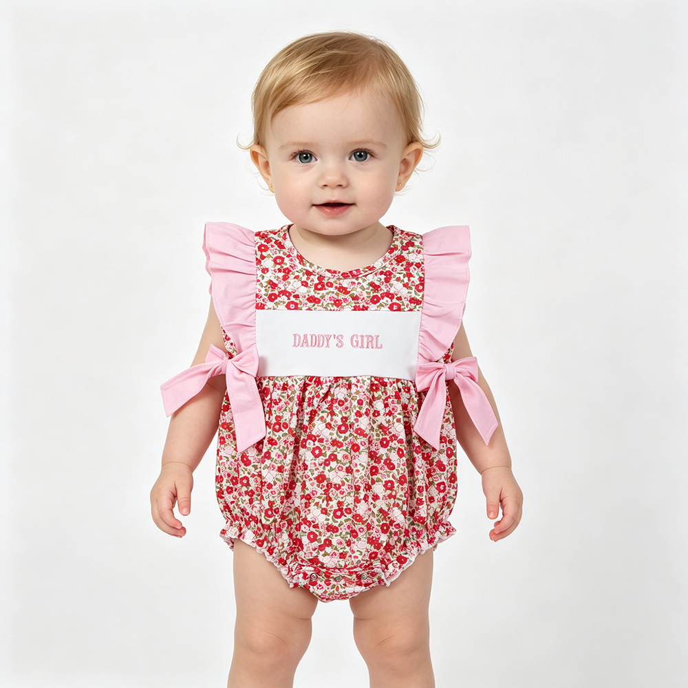 SR3940 Daddy's Girl Embroidery Flutter Sleeve Flowers Bows Baby Girls Romper