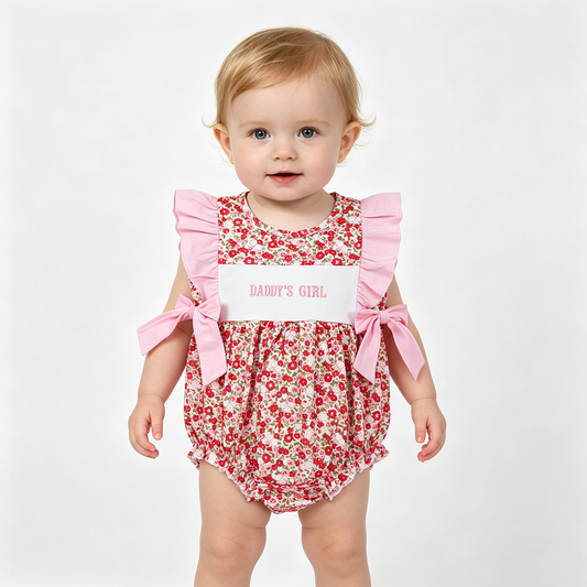 SR3940 Daddy's Girl Embroidery Flutter Sleeve Flowers Bows Baby Girls Romper
