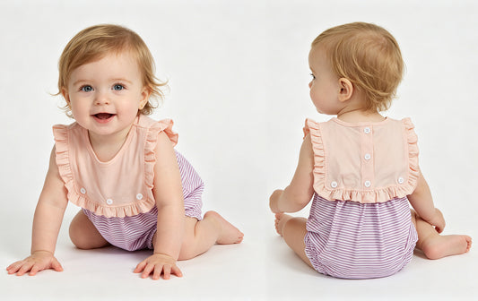 SR3941 Pink Top Purple Stripes Print Baby Girls Buttons 2 Pieces Romper