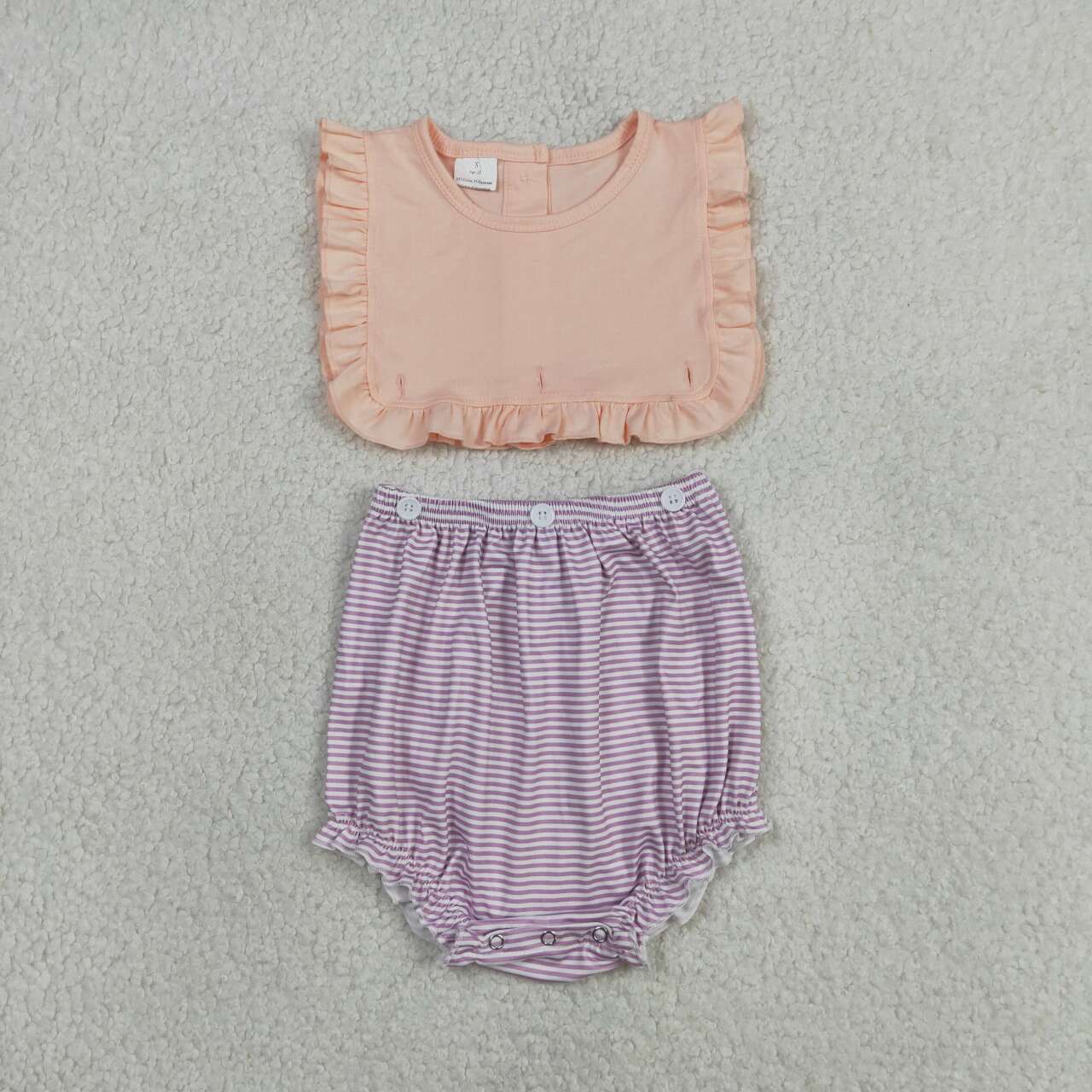 SR3941 Pink Top Purple Stripes Print Baby Girls Buttons 2 Pieces Romper