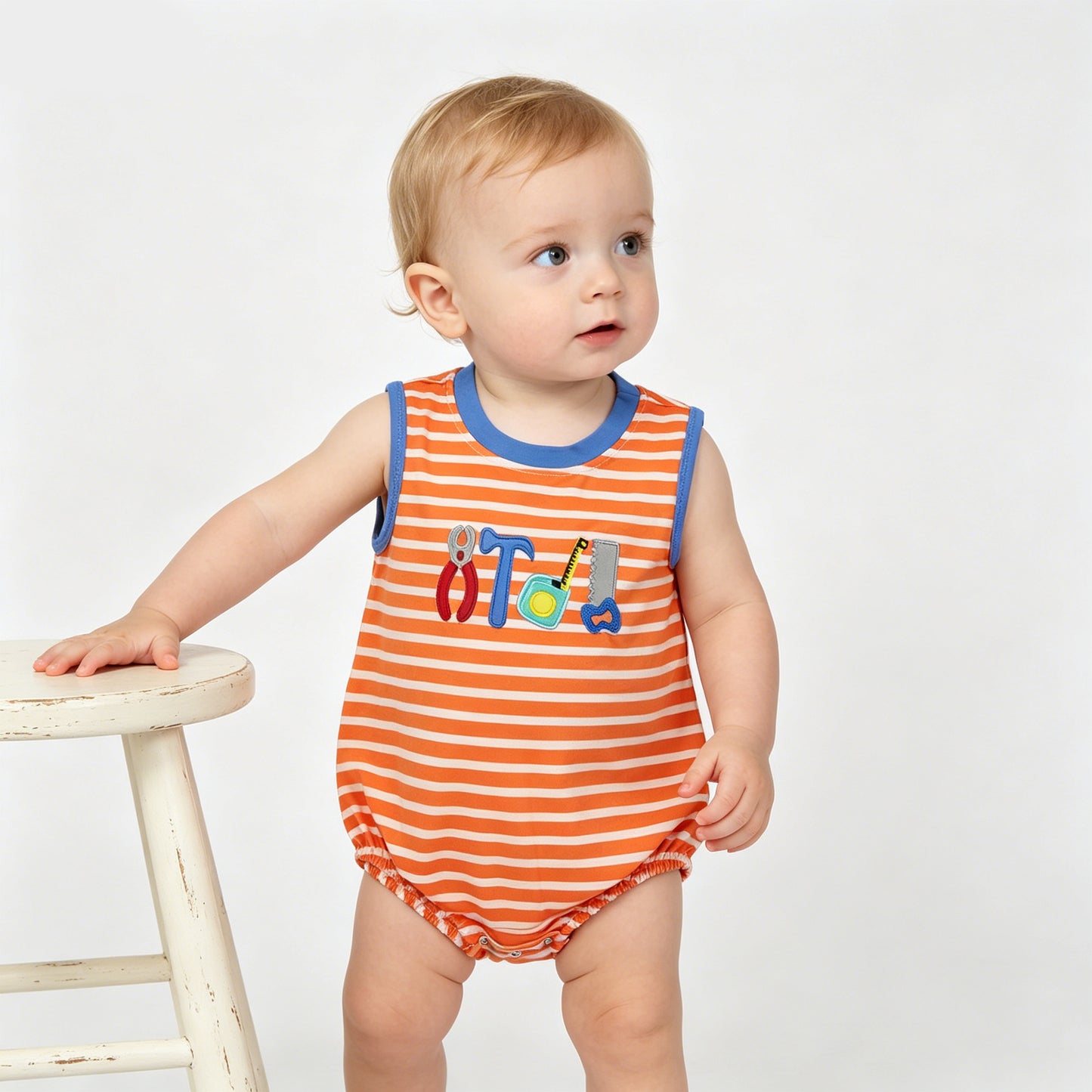 Baby Boys Tool Embroidery Bubble Romper, Infant Orange Striped Sleeveless Summer Outfit
