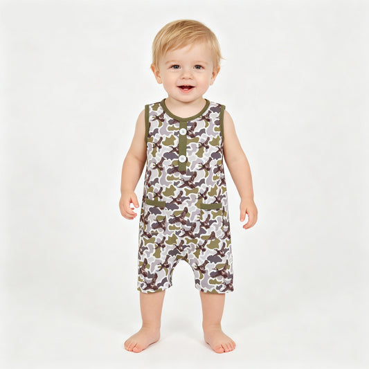 SR3946 Duck Green Grey Camo Print Pockets Baby Boys Summer Romper