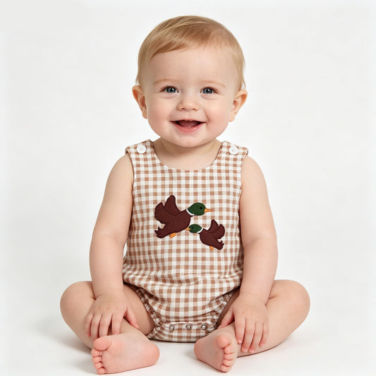 Duck Embroidery Plaid Print Baby Boys Outfits & Romper Brothers Matching Wear